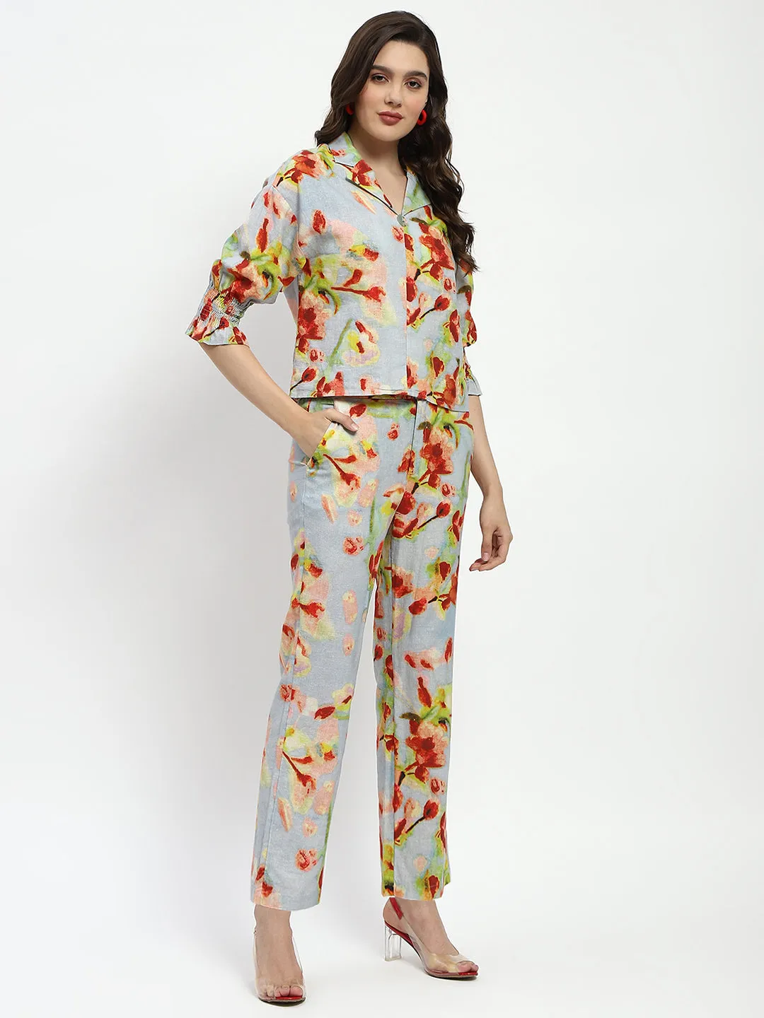 Madame Floral Print Cotton And Linen Teal Co-Ord Set