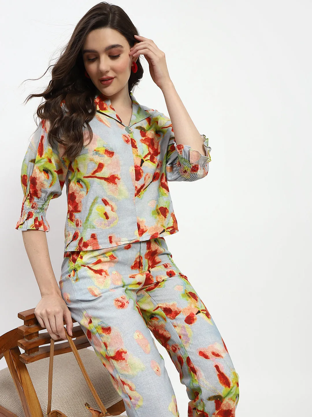 Madame Floral Print Cotton And Linen Teal Co-Ord Set