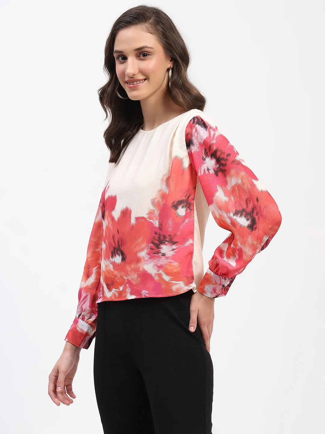 Madame Floral Print Cuff Sleeve Beige Top