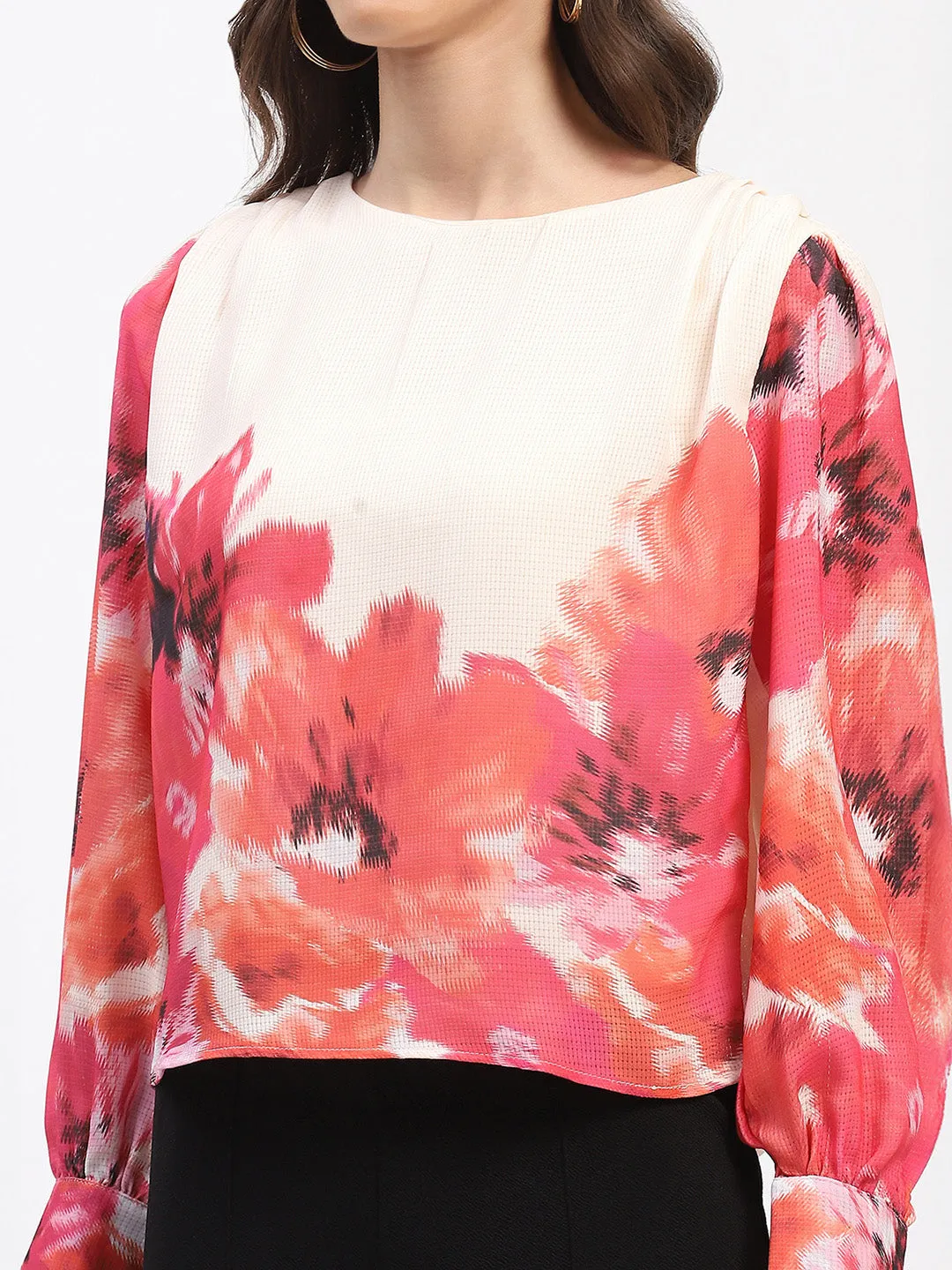 Madame Floral Print Cuff Sleeve Beige Top