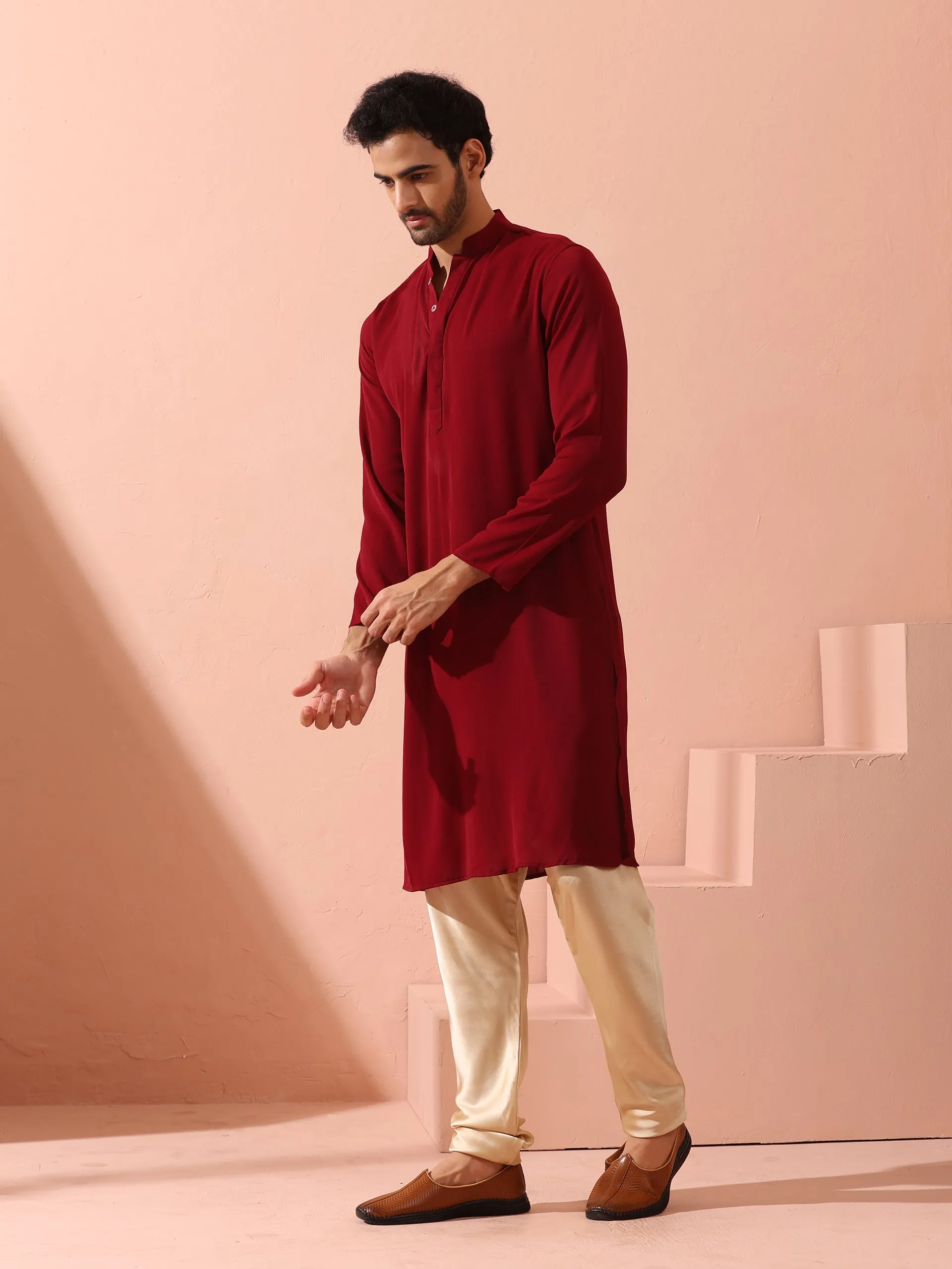 Maroon Korean Fabric Kurta with Hidden Placket