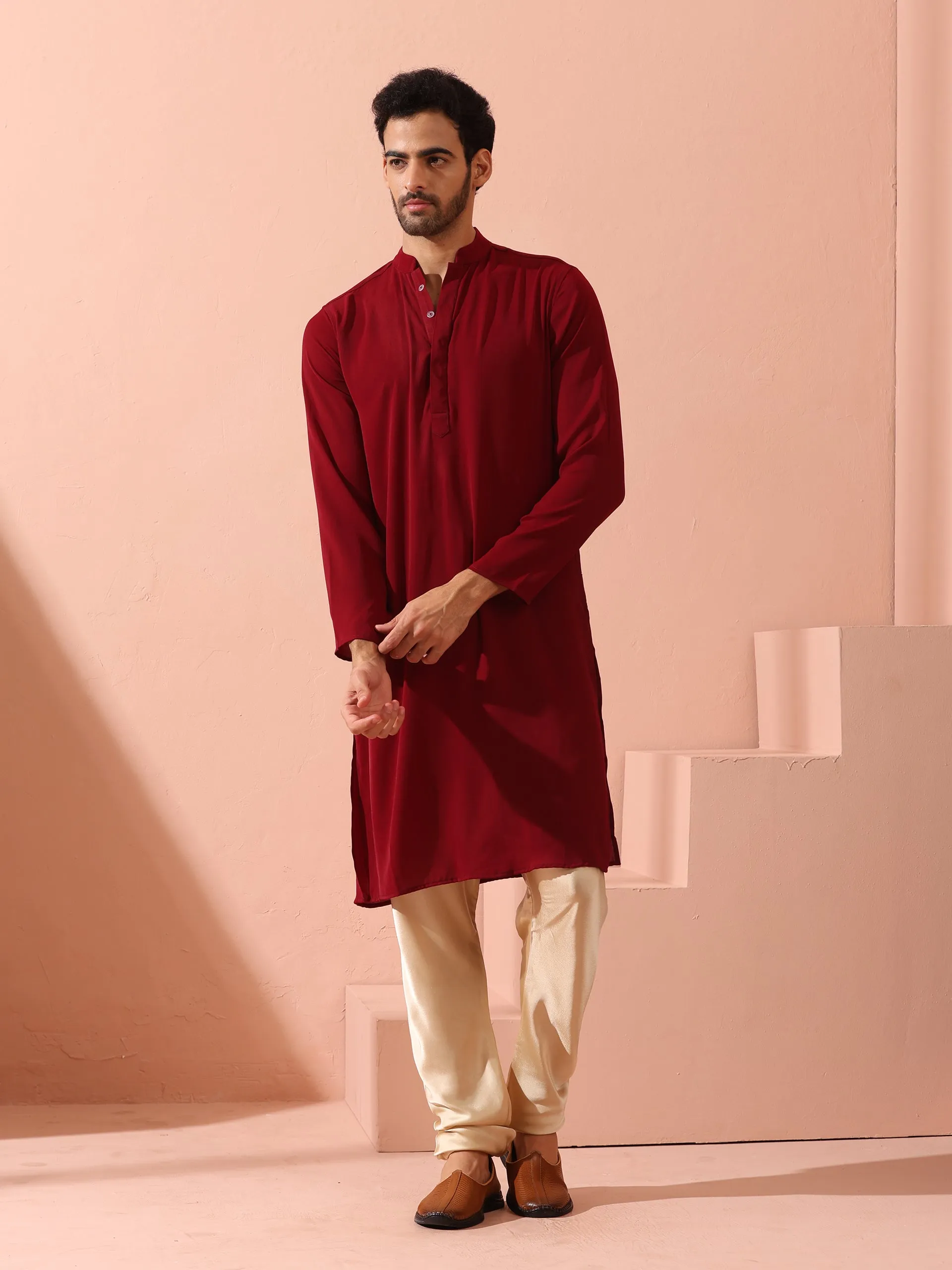 Maroon Korean Fabric Kurta with Hidden Placket