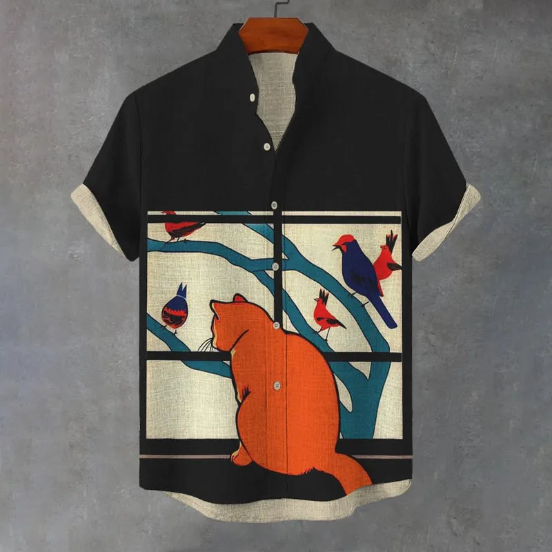 Men's A Cat Is Looking At Birds Outside The Window Print Short Sleeve Shirt