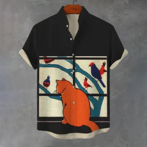 Men's A Cat Is Looking At Birds Outside The Window Print Short Sleeve Shirt