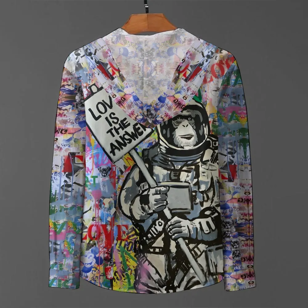Men's Astronaut Monkey Love is the Answer Doodle Art Print Hooded Shirt 2408003234