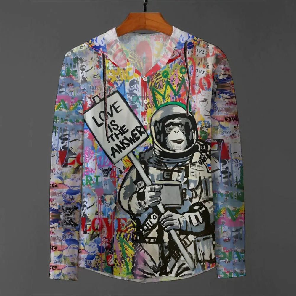 Men's Astronaut Monkey Love is the Answer Doodle Art Print Hooded Shirt 2408003234