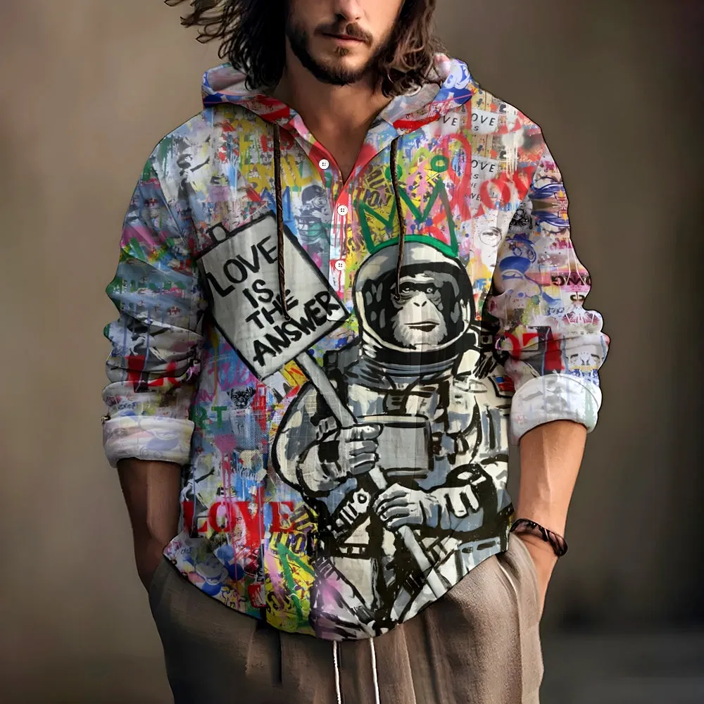 Men's Astronaut Monkey Love is the Answer Doodle Art Print Hooded Shirt 2408003234