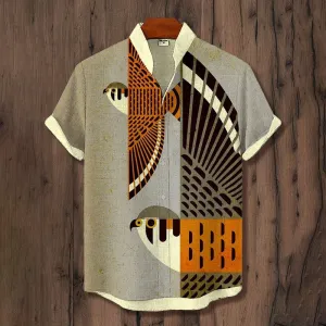 Men's Bird Geometric Pattern Casual Linen Blend Shirt