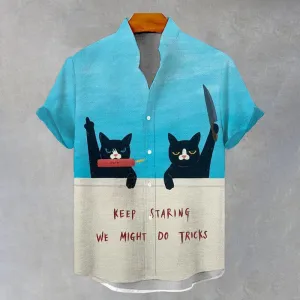 Men's Cat Funny Art Print Casual Short Sleeve Shirt