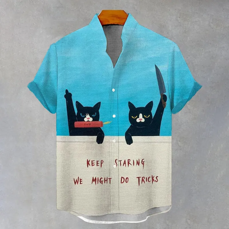 Men's Cat Funny Art Print Casual Short Sleeve Shirt