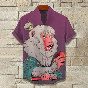 Men's Chinese Monkey Illustration Print Short Sleeve Casual Shirt