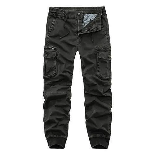 Mens Elastic Waist Multi Pockets Solid Color Cotton Overalls
