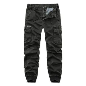 Mens Elastic Waist Multi Pockets Solid Color Cotton Overalls