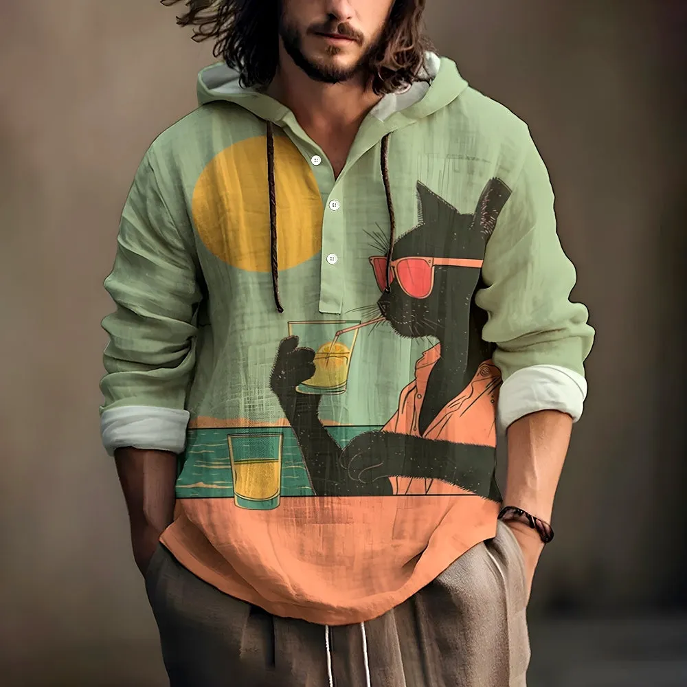 Men's Fun Cat Drinking Juice By The Seaside Print Hooded Shirt 2407005254
