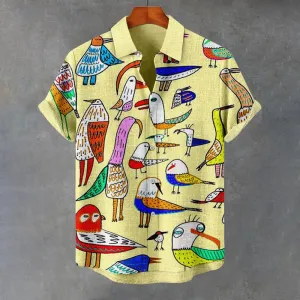Men's Funny Cartoon Abstract Birds Art Print Casual Shirt