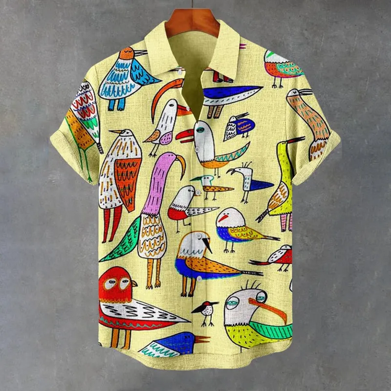 Men's Funny Cartoon Abstract Birds Art Print Casual Shirt