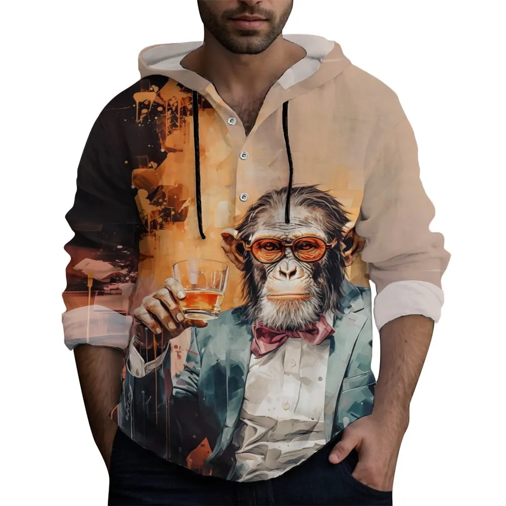 Men's Funny Monkey Gentleman Whiskey Oil Painting Print Hooded Shirt 2408005201