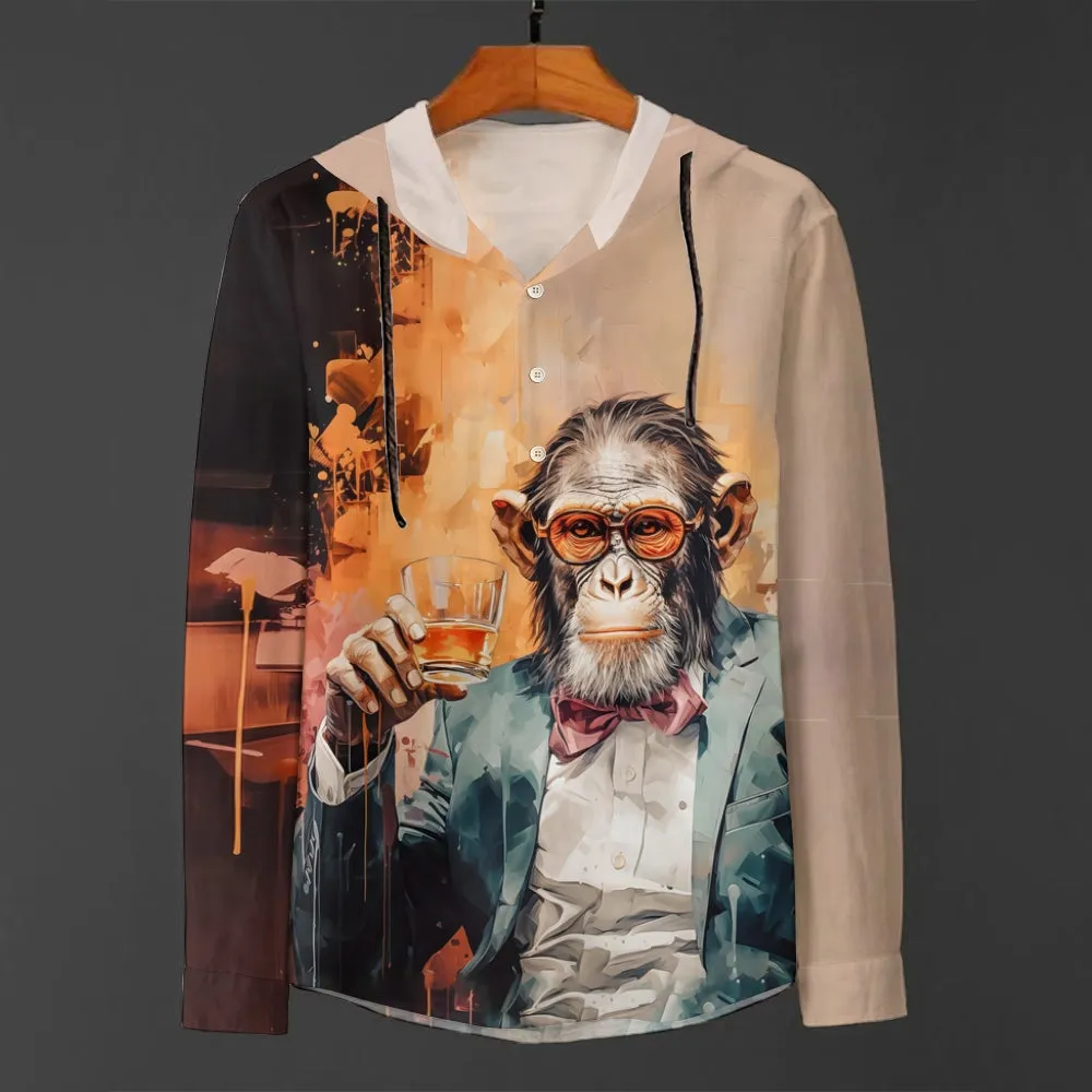 Men's Funny Monkey Gentleman Whiskey Oil Painting Print Hooded Shirt 2408005201