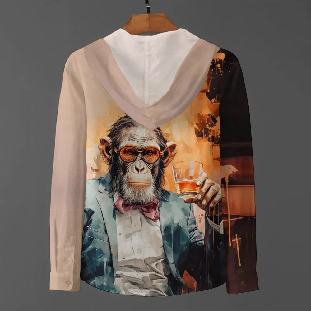 Men's Funny Monkey Gentleman Whiskey Oil Painting Print Hooded Shirt 2408005201