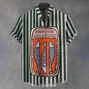 Men's Green Striped Sardines Vintage Print Casual 100% Cotton Shirt 2408002312