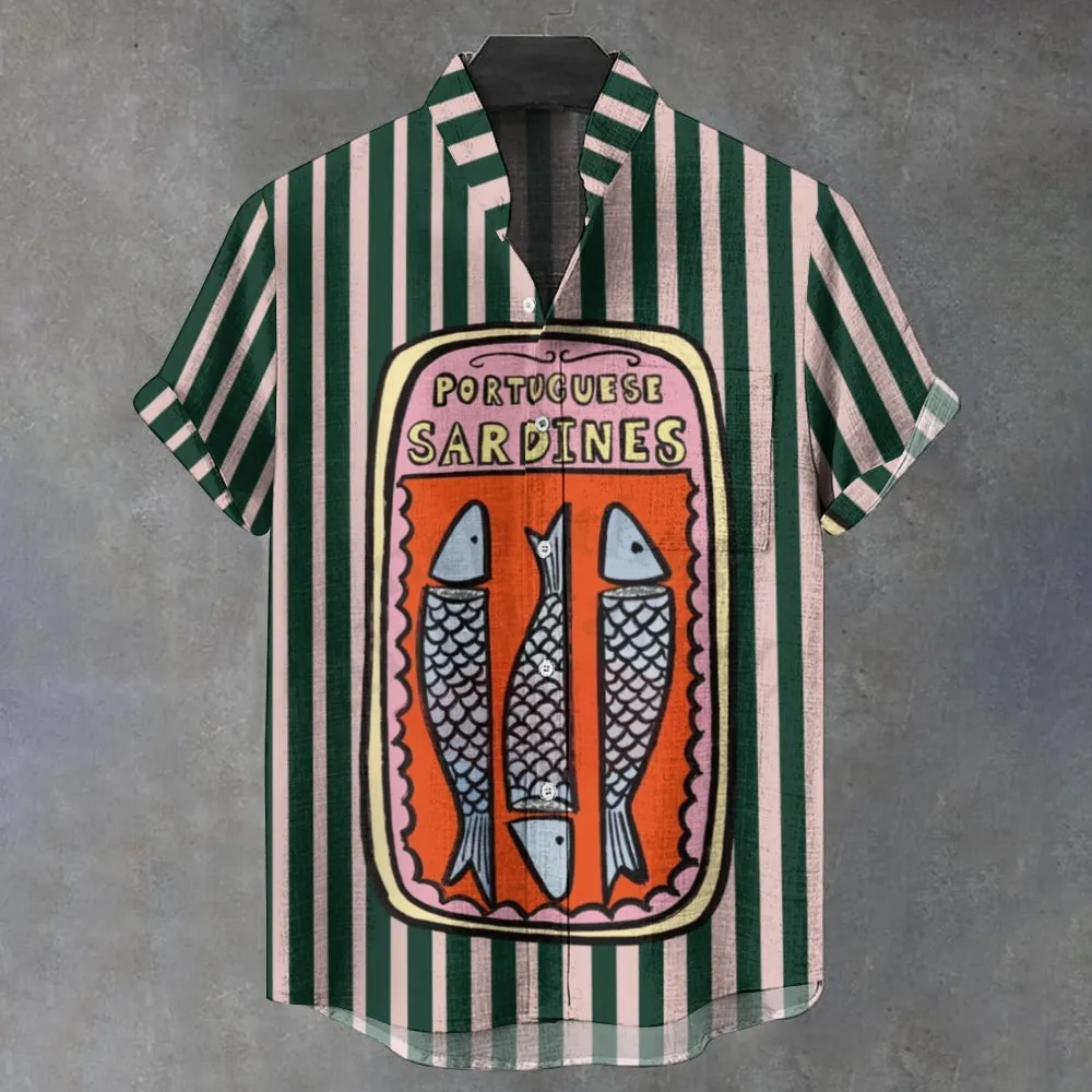Men's Green Striped Sardines Vintage Print Casual 100% Cotton Shirt 2408002312