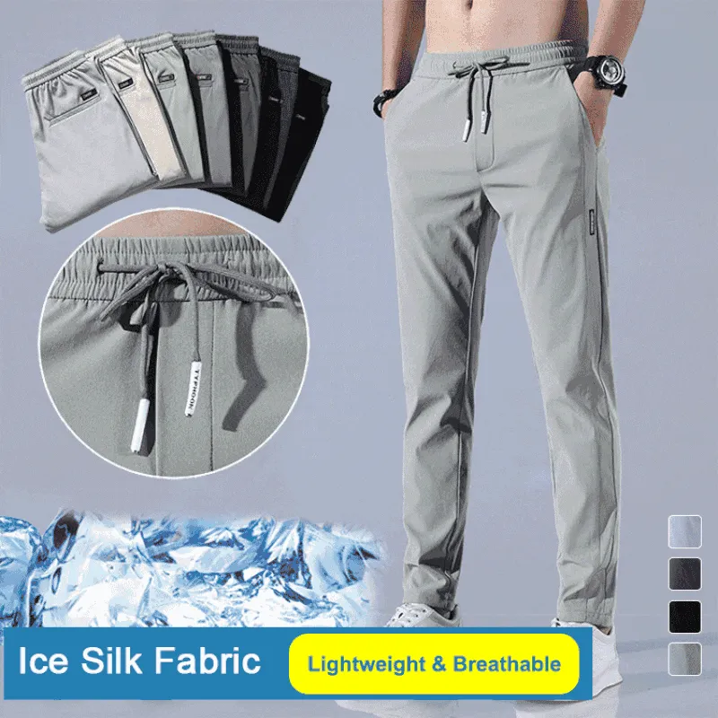 Men's Ice Silk Trousers Solid Color Mid-Waist Loose Breathable Straight-Leg Casual Pants Thin Quick-Drying Sports Pants