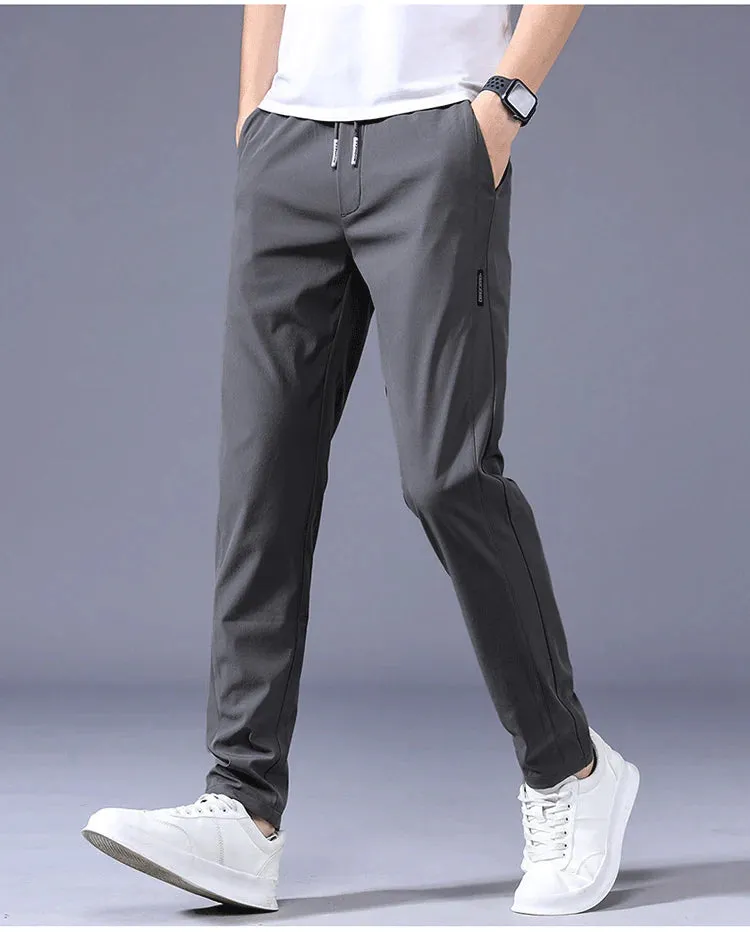Men's Ice Silk Trousers Solid Color Mid-Waist Loose Breathable Straight-Leg Casual Pants Thin Quick-Drying Sports Pants