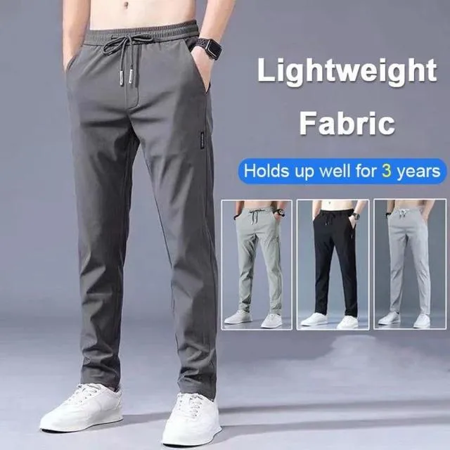 Men's Ice Silk Trousers Solid Color Mid-Waist Loose Breathable Straight-Leg Casual Pants Thin Quick-Drying Sports Pants