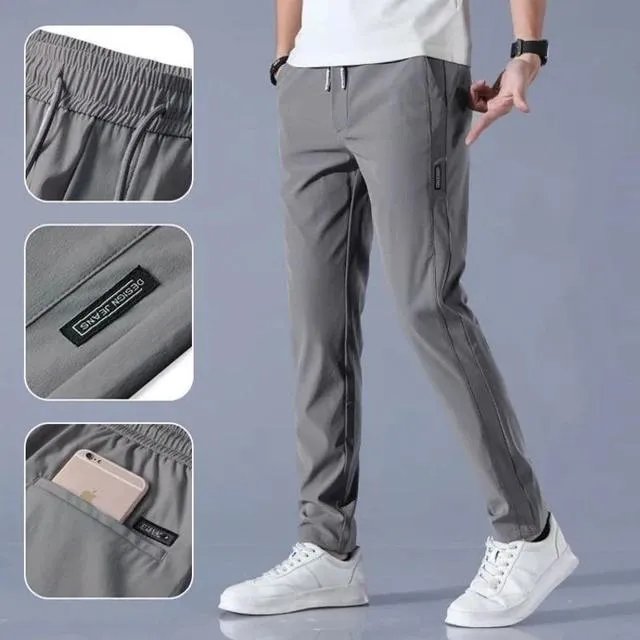 Men's Ice Silk Trousers Solid Color Mid-Waist Loose Breathable Straight-Leg Casual Pants Thin Quick-Drying Sports Pants