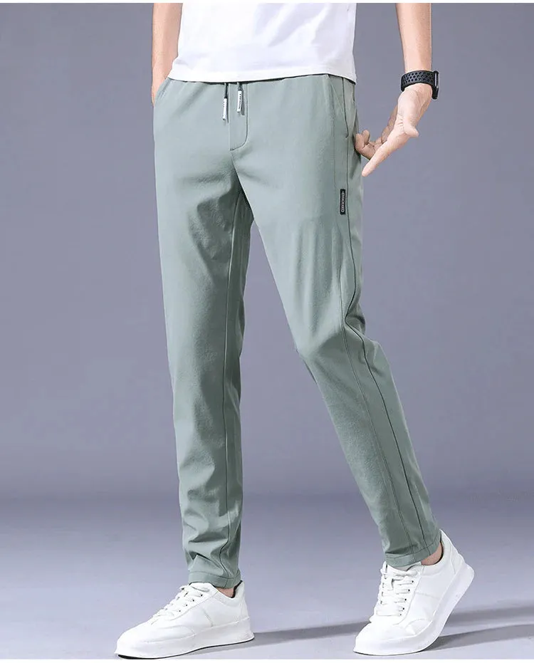 Men's Ice Silk Trousers Solid Color Mid-Waist Loose Breathable Straight-Leg Casual Pants Thin Quick-Drying Sports Pants
