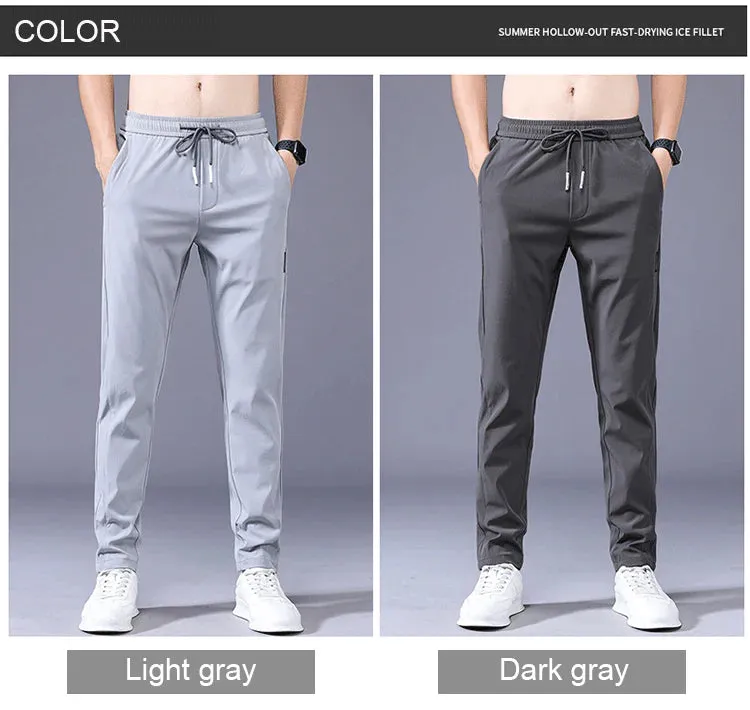 Men's Ice Silk Trousers Solid Color Mid-Waist Loose Breathable Straight-Leg Casual Pants Thin Quick-Drying Sports Pants