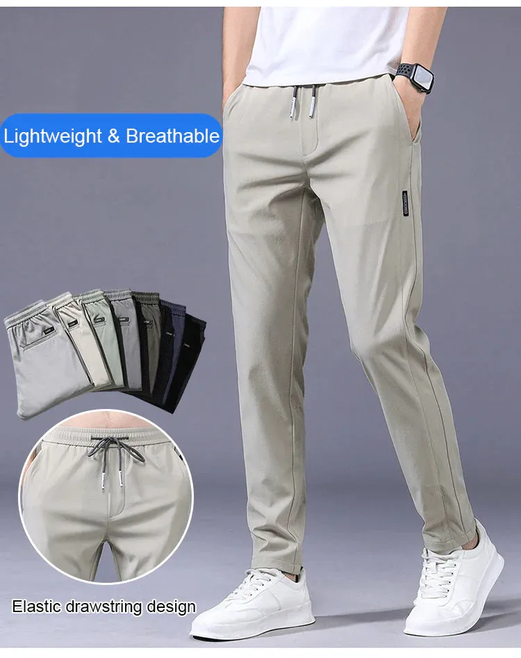Men's Ice Silk Trousers Solid Color Mid-Waist Loose Breathable Straight-Leg Casual Pants Thin Quick-Drying Sports Pants