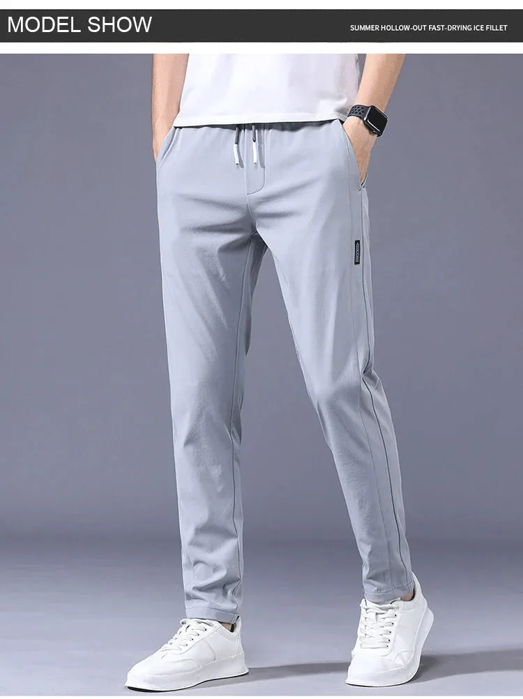 Men's Ice Silk Trousers Solid Color Mid-Waist Loose Breathable Straight-Leg Casual Pants Thin Quick-Drying Sports Pants