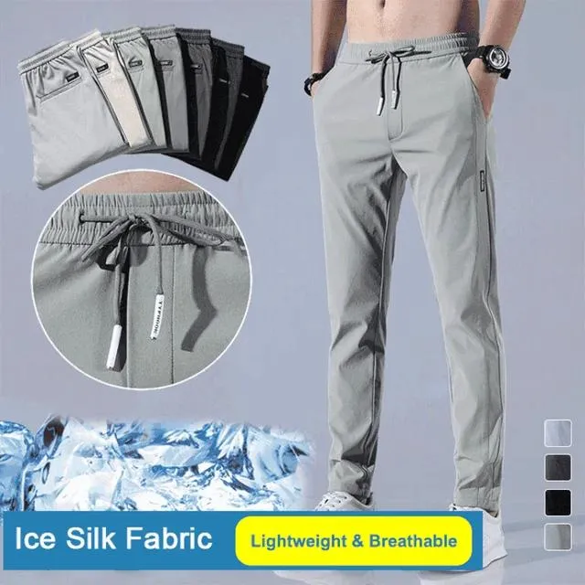 Men's Ice Silk Trousers Solid Color Mid-Waist Loose Breathable Straight-Leg Casual Pants Thin Quick-Drying Sports Pants
