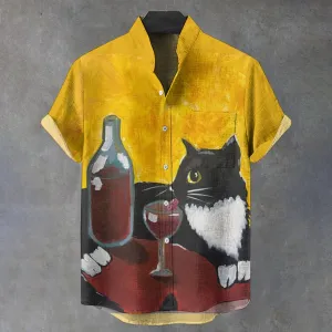 Men's Stand Collar Cat Wine Printed Short Sleeve Shirt