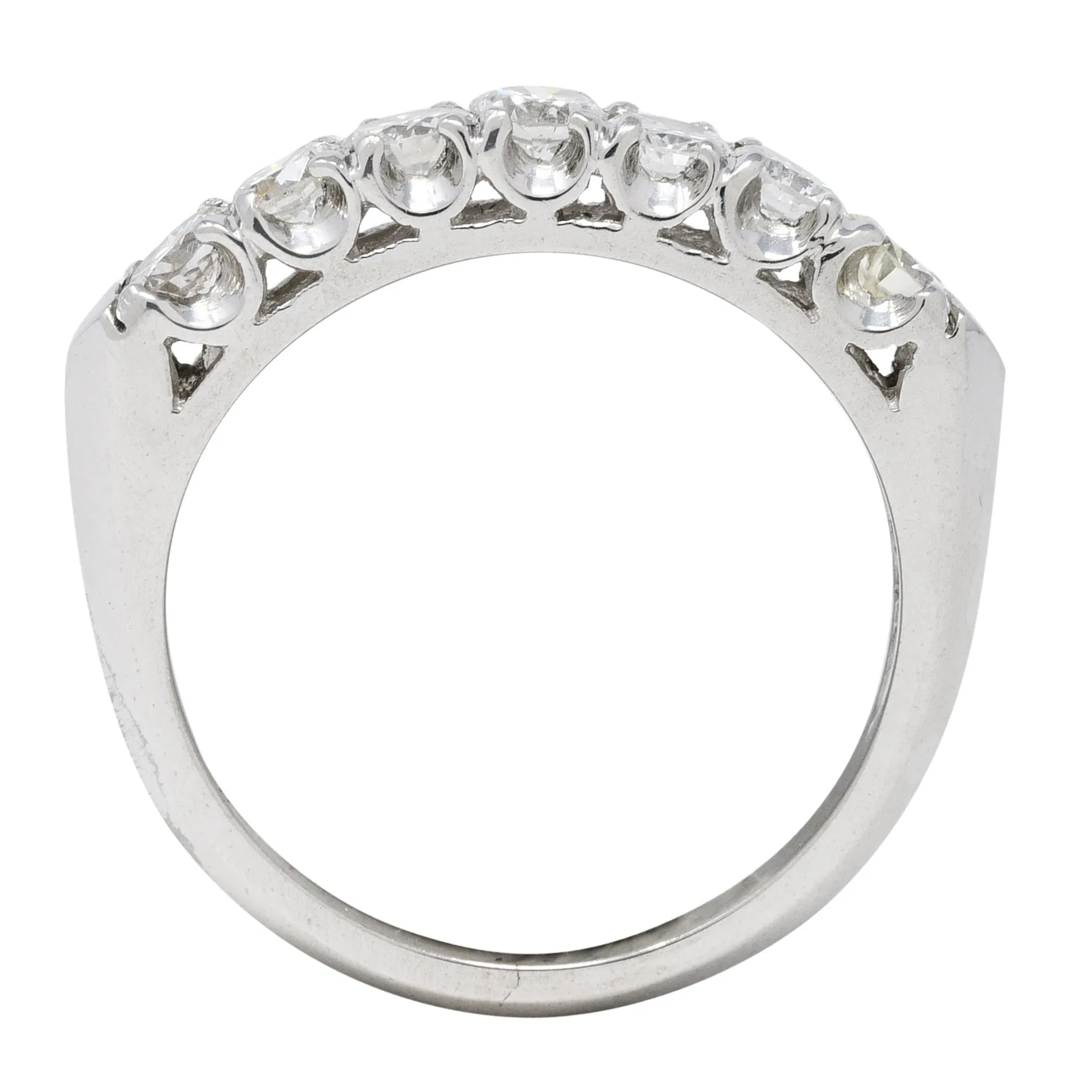 Mid-Century 0.70 CTW Diamond Platinum Seven Stone Vintage Fishtail Band Ring