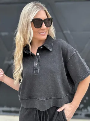 Mineral Washed Cotton Slit Crop Top In Black