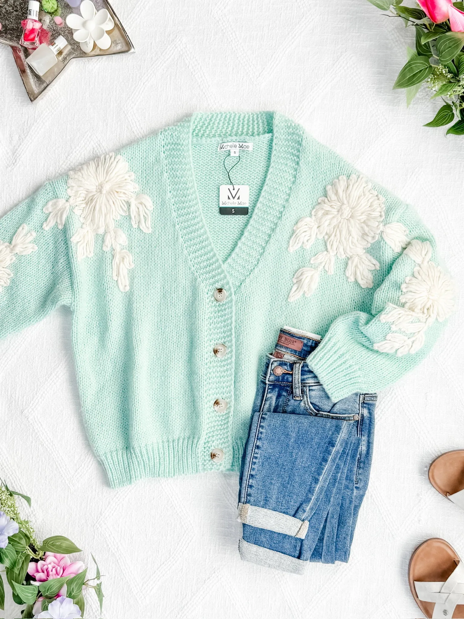 Mint and Tan Floral Cardigan