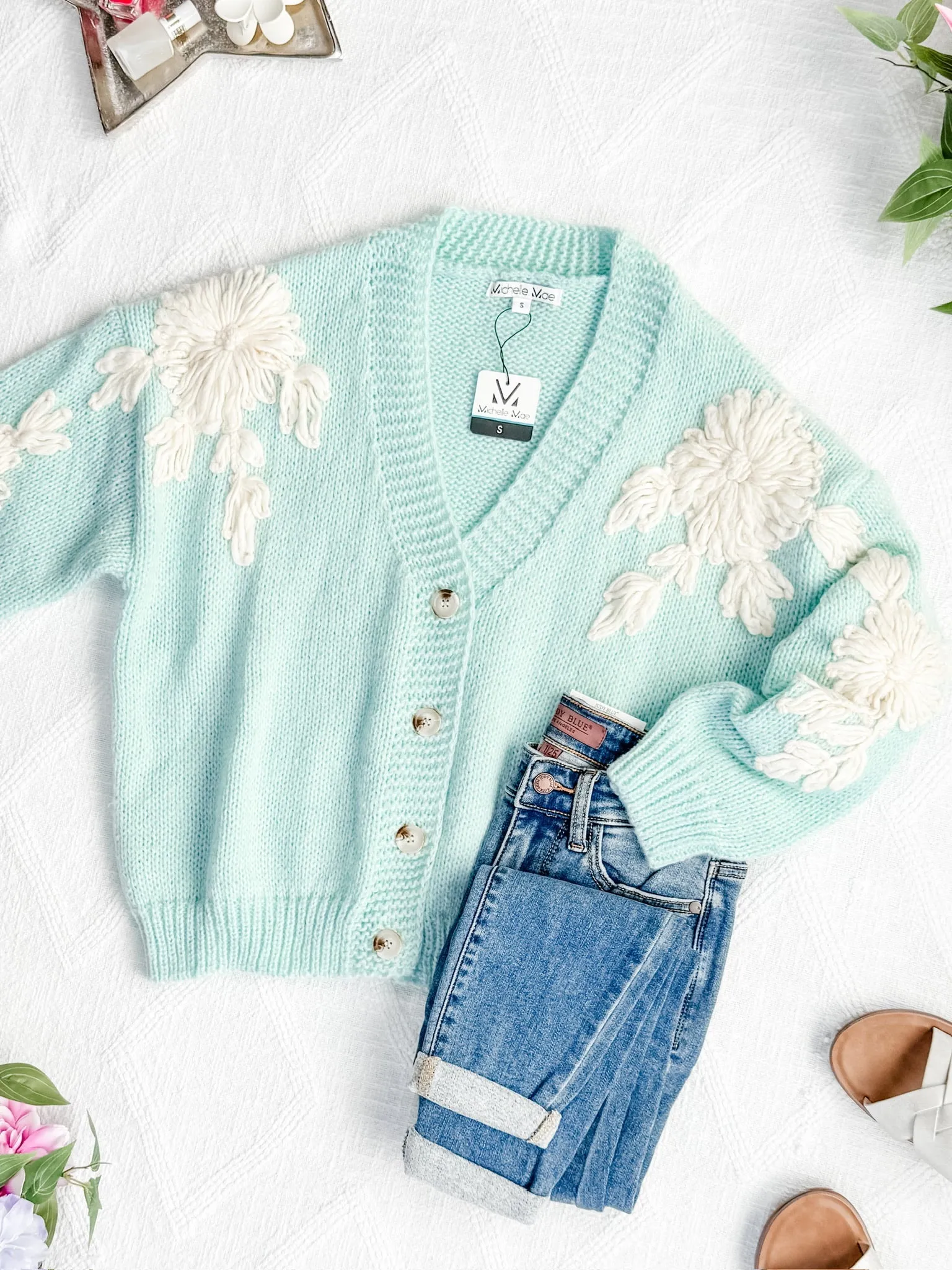 Mint and Tan Floral Cardigan