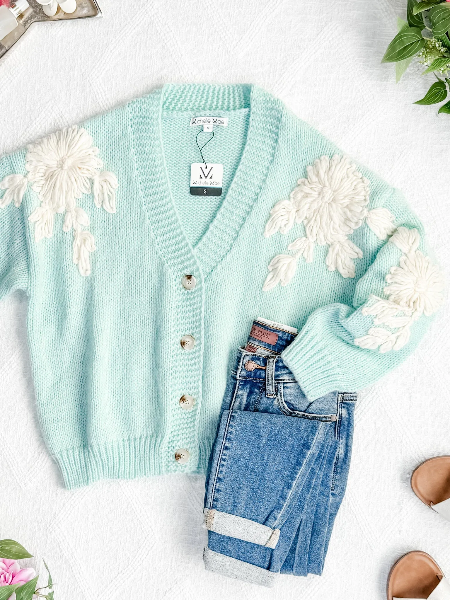 Mint and Tan Floral Cardigan