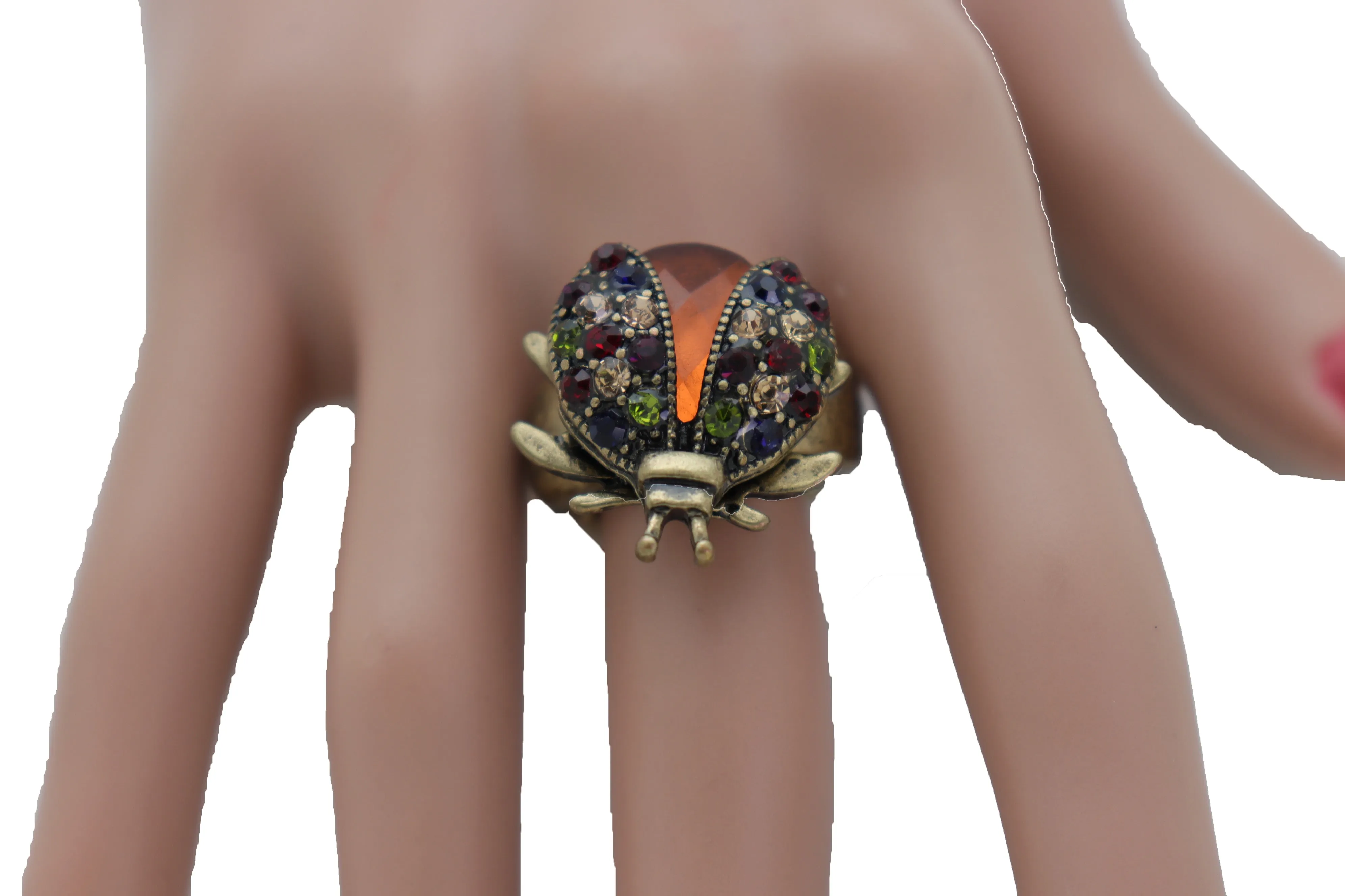 Multi Colored Rhinestone Gem Lady Bug Beetle Elastic Band Ring