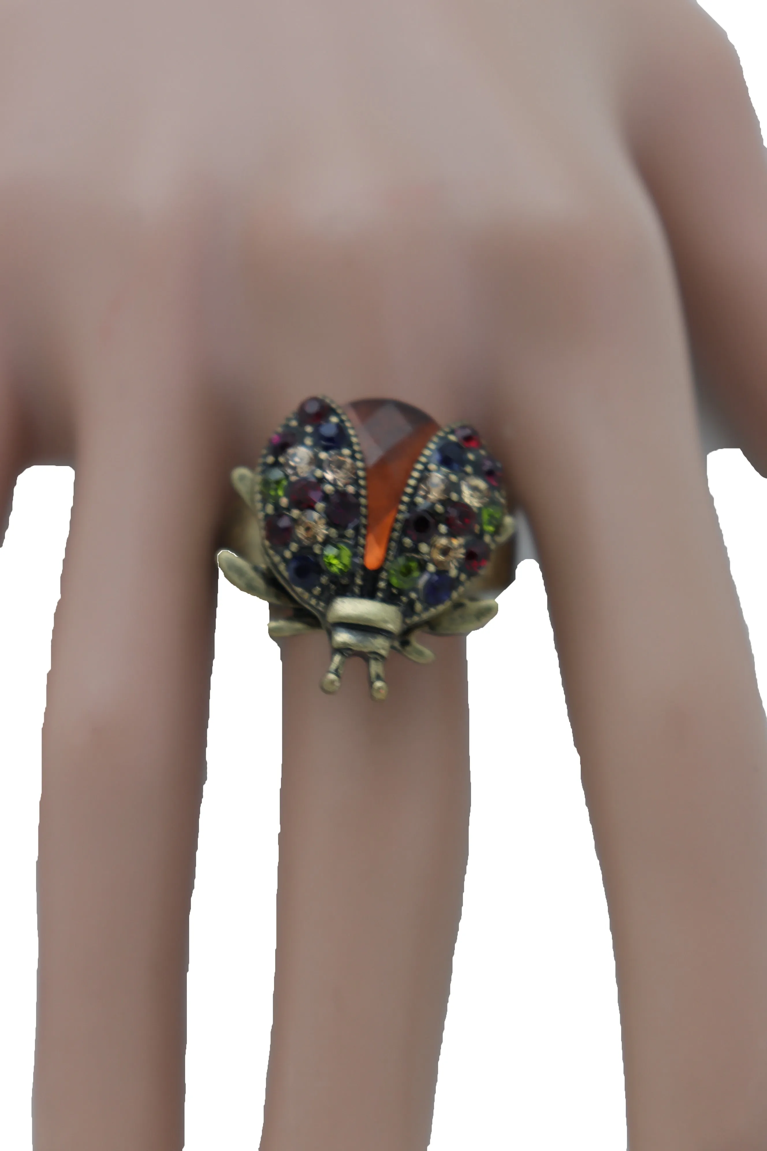 Multi Colored Rhinestone Gem Lady Bug Beetle Elastic Band Ring