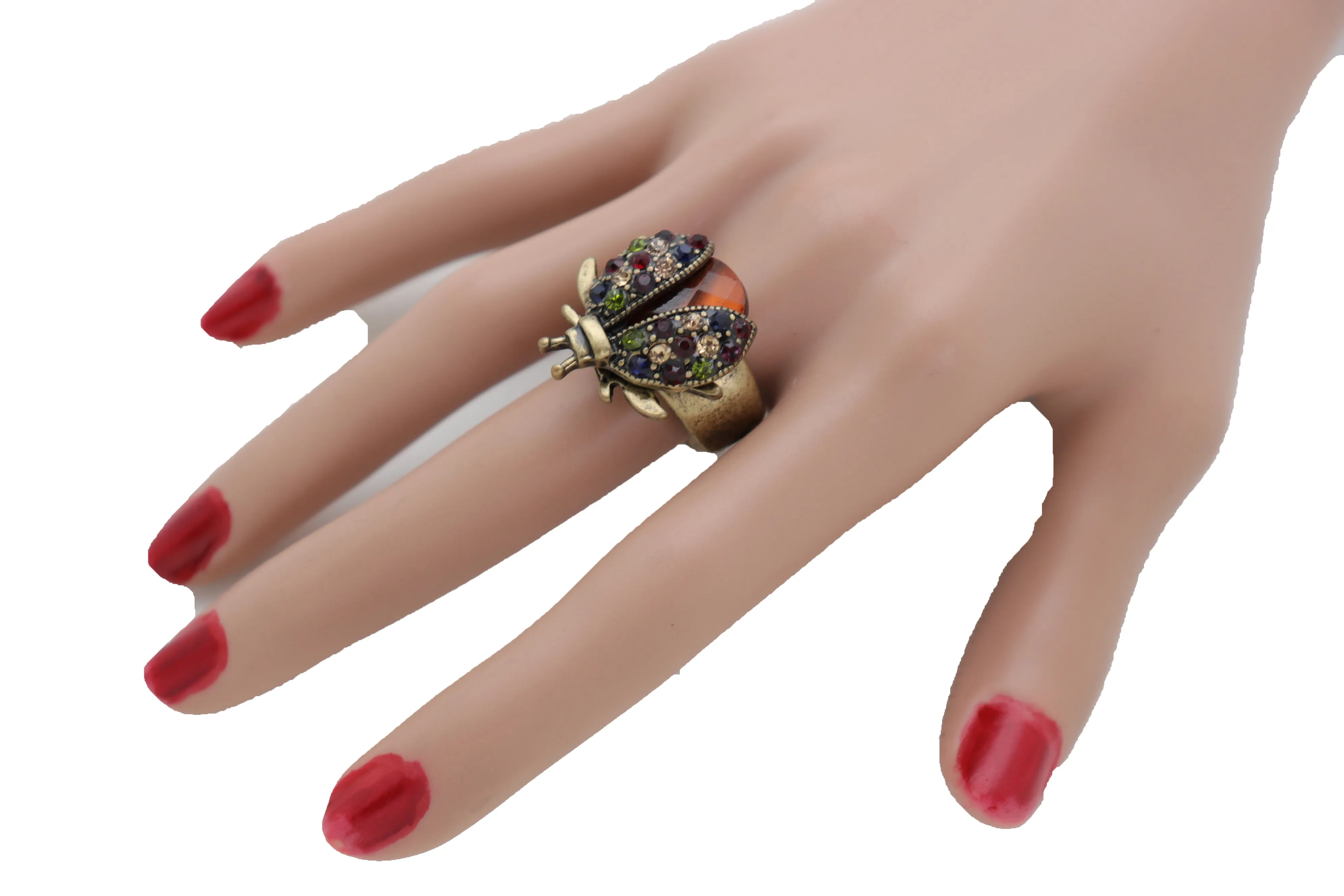 Multi Colored Rhinestone Gem Lady Bug Beetle Elastic Band Ring