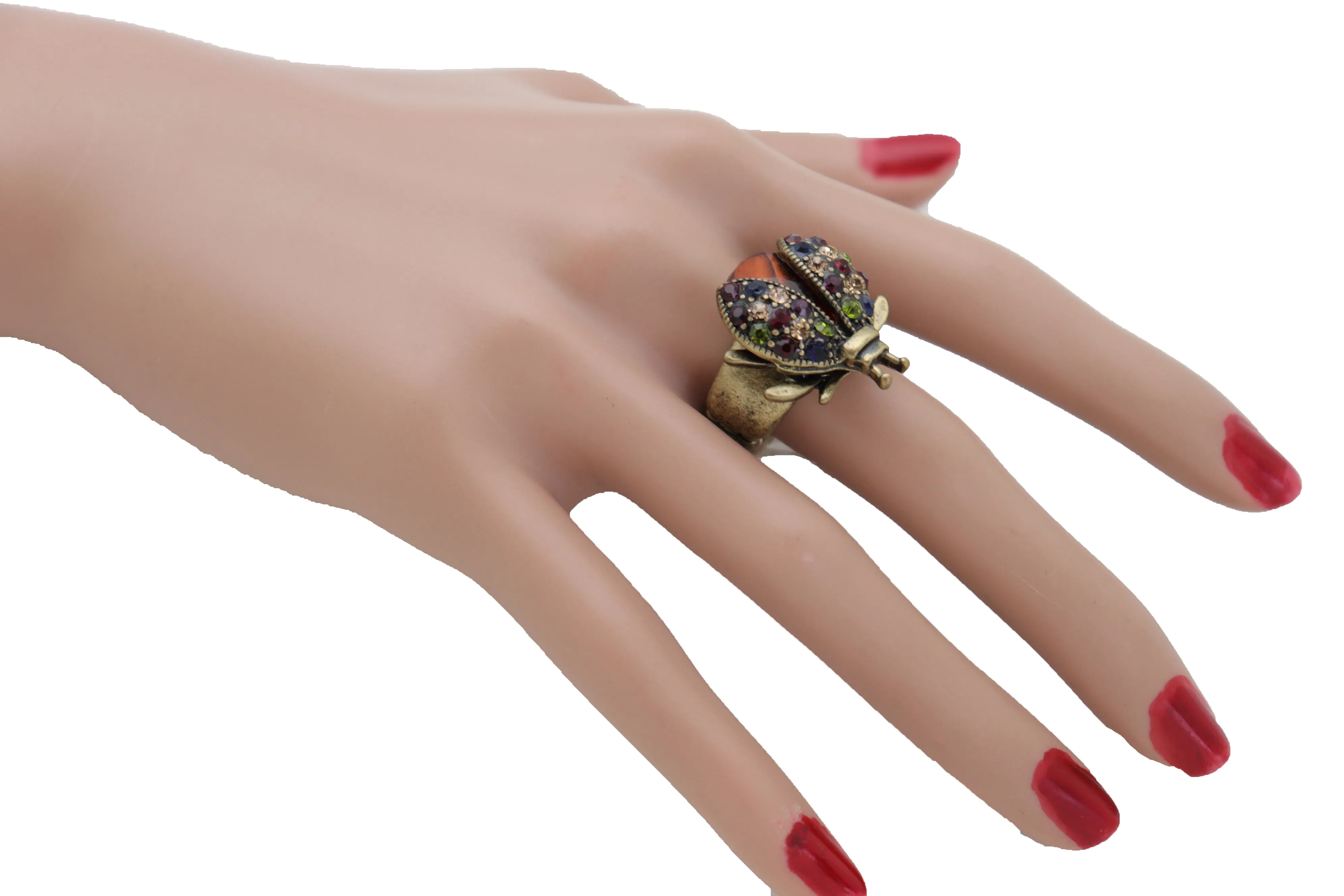 Multi Colored Rhinestone Gem Lady Bug Beetle Elastic Band Ring