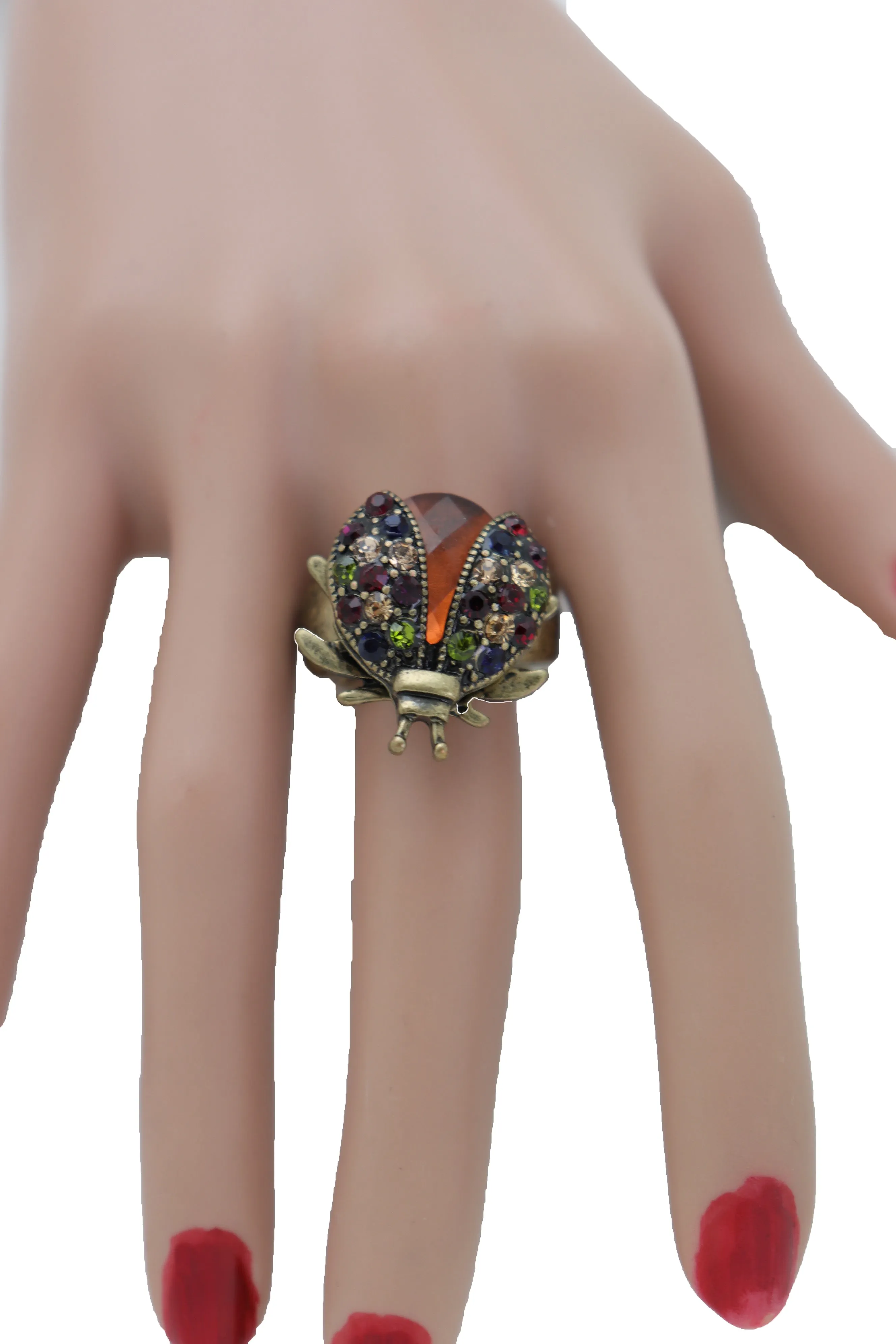 Multi Colored Rhinestone Gem Lady Bug Beetle Elastic Band Ring