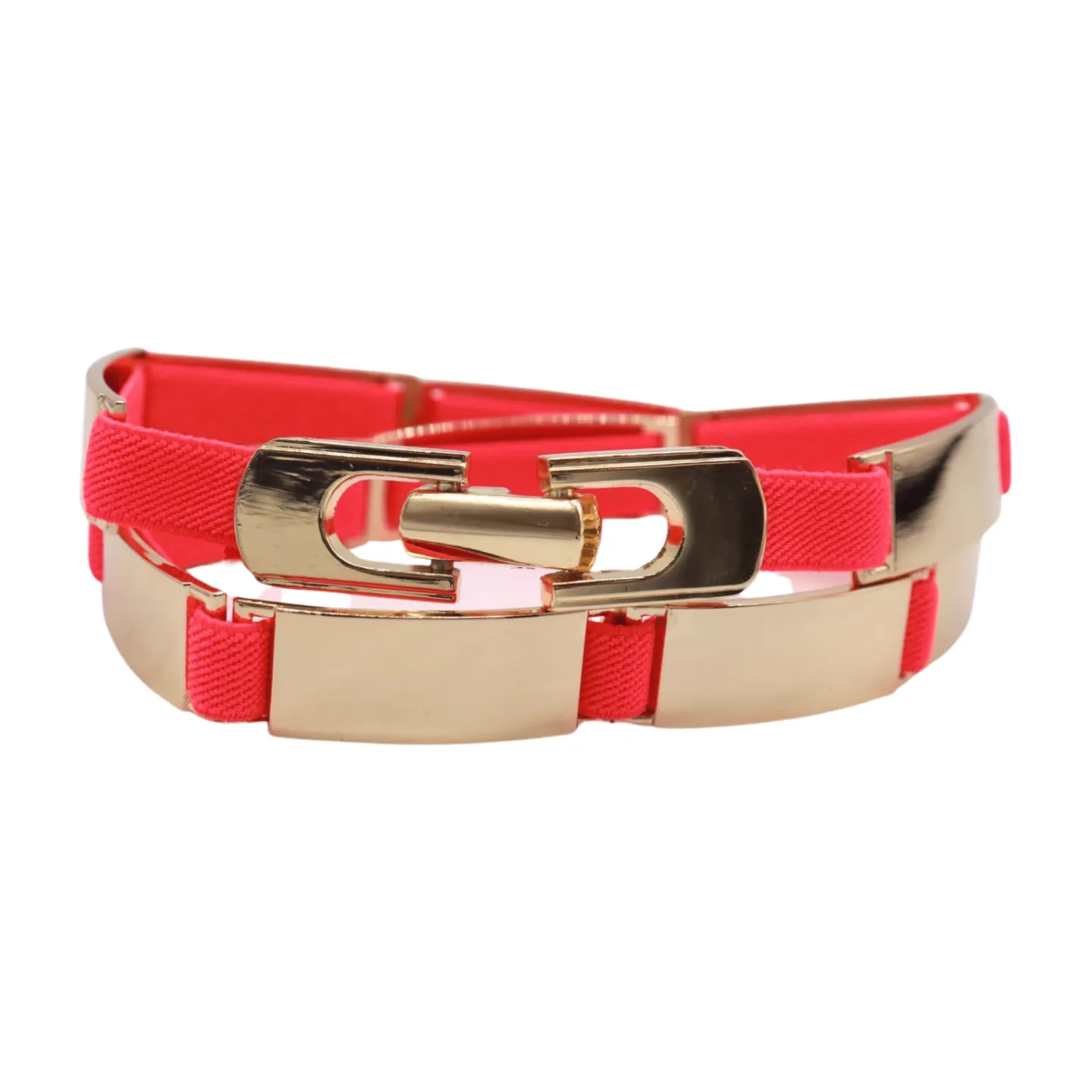 Neon Coral Pink Elastic Skinny Belt Gold Metal Buckle S M L