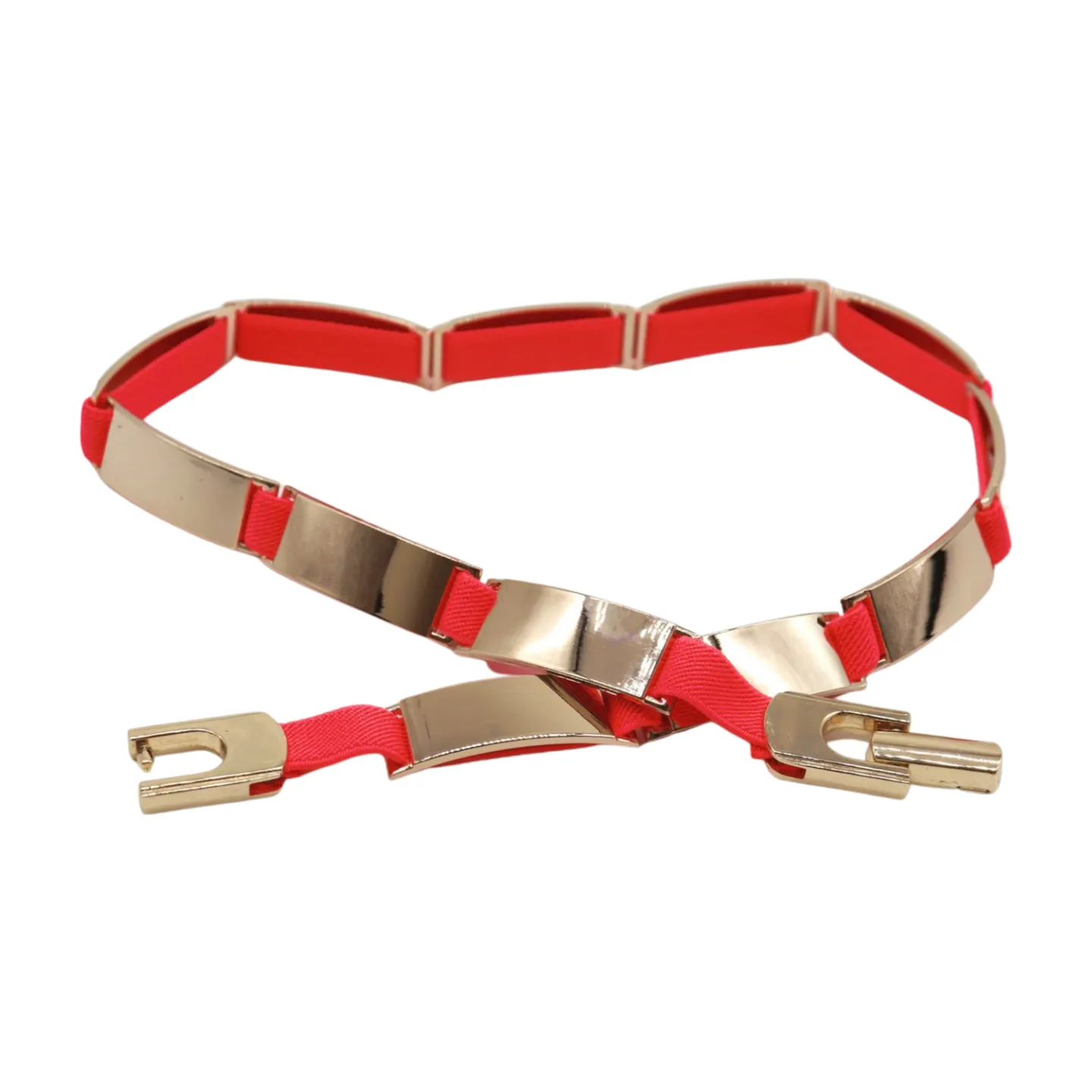 Neon Coral Pink Elastic Skinny Belt Gold Metal Buckle S M L
