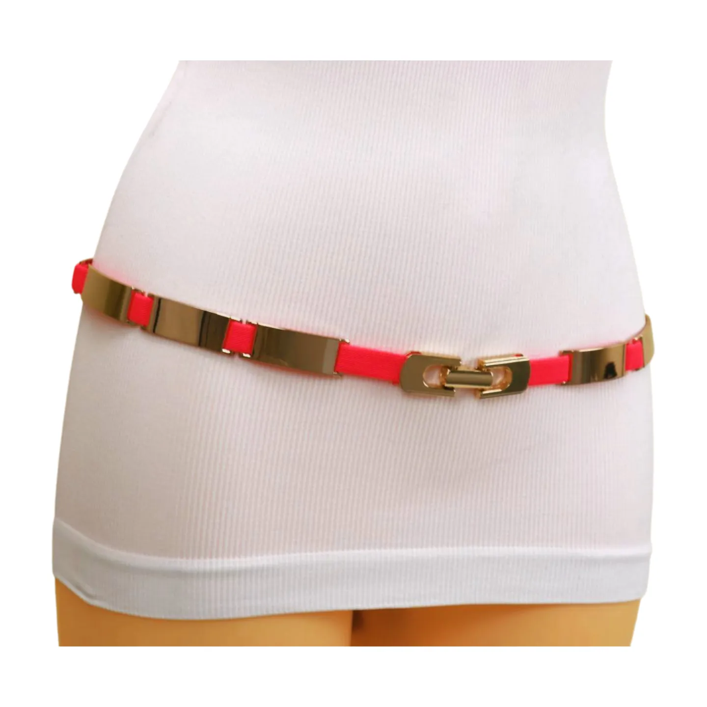 Neon Coral Pink Elastic Skinny Belt Gold Metal Buckle S M L