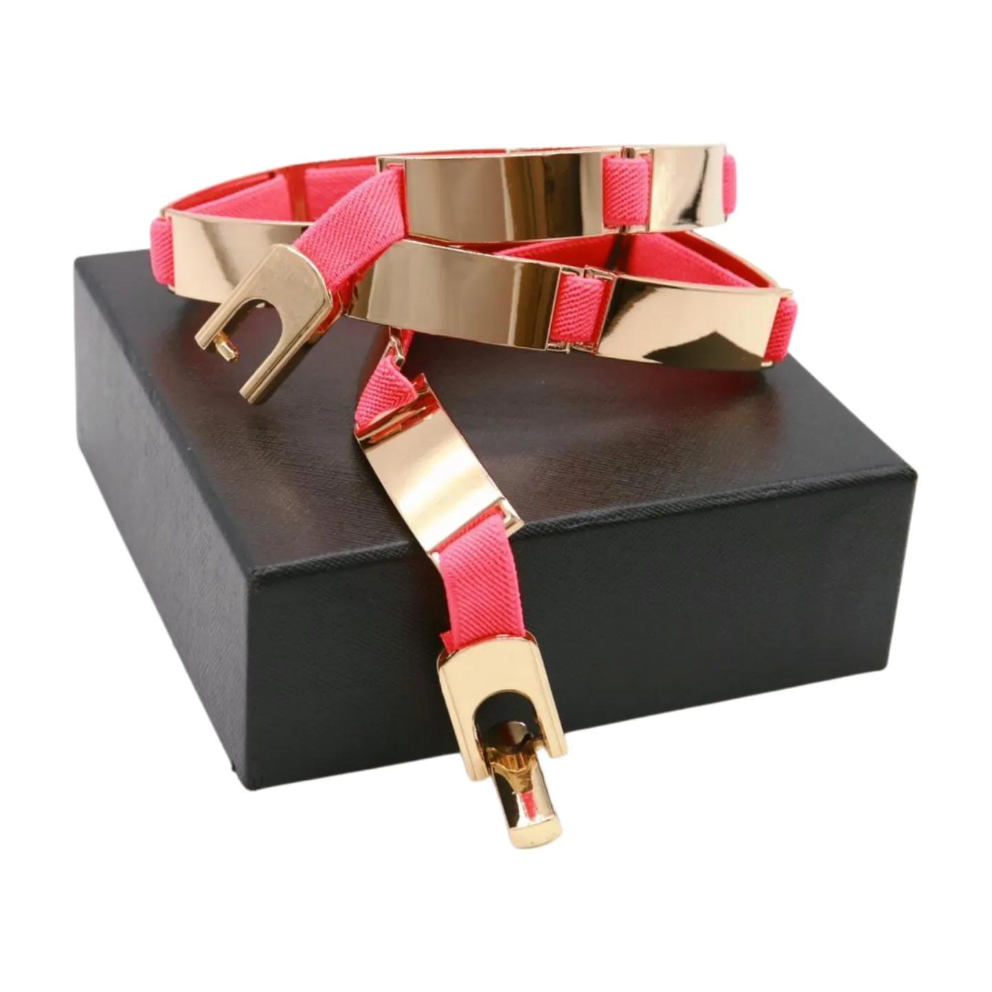 Neon Coral Pink Elastic Skinny Belt Gold Metal Buckle S M L