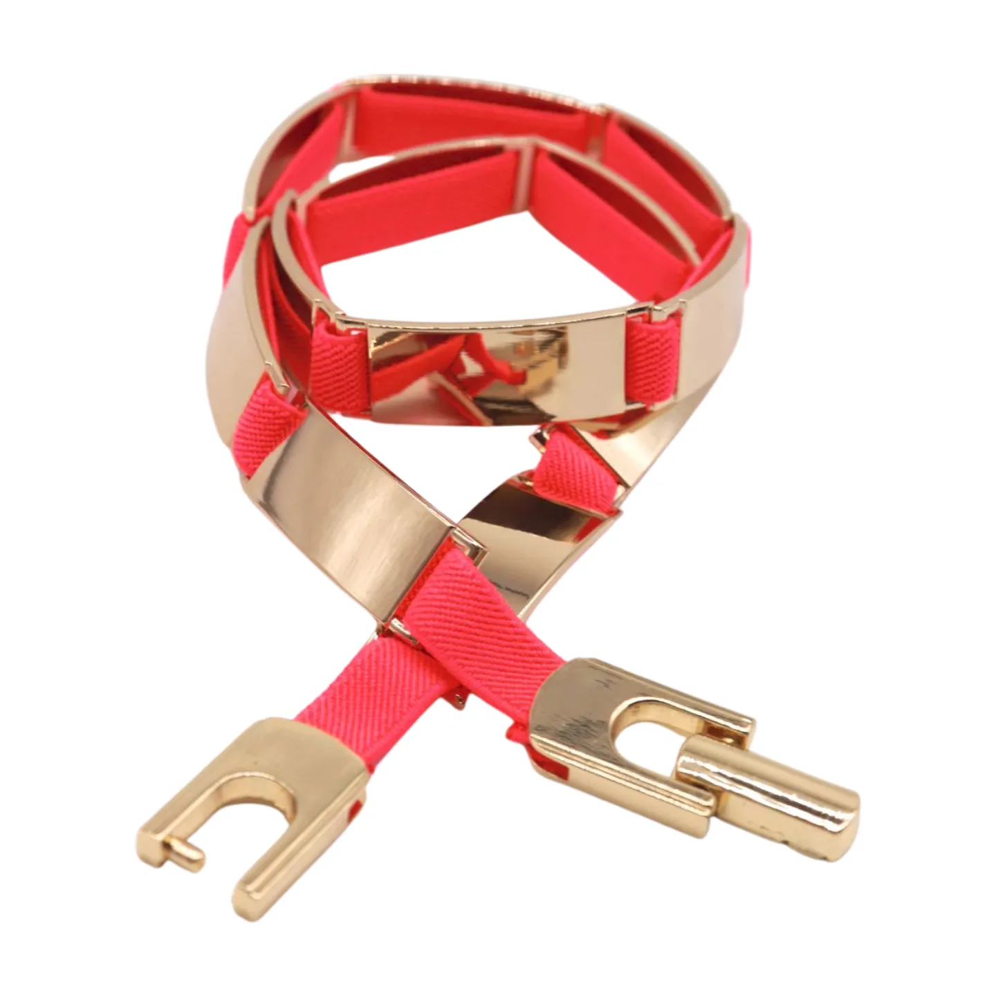 Neon Coral Pink Elastic Skinny Belt Gold Metal Buckle S M L